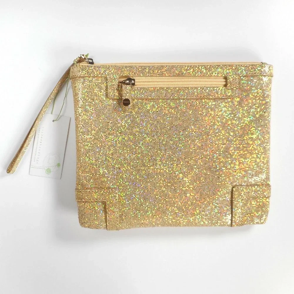 NWT Ava Rose Gold Opalescent Evening Square Clutch Bag Bling Glam Prom